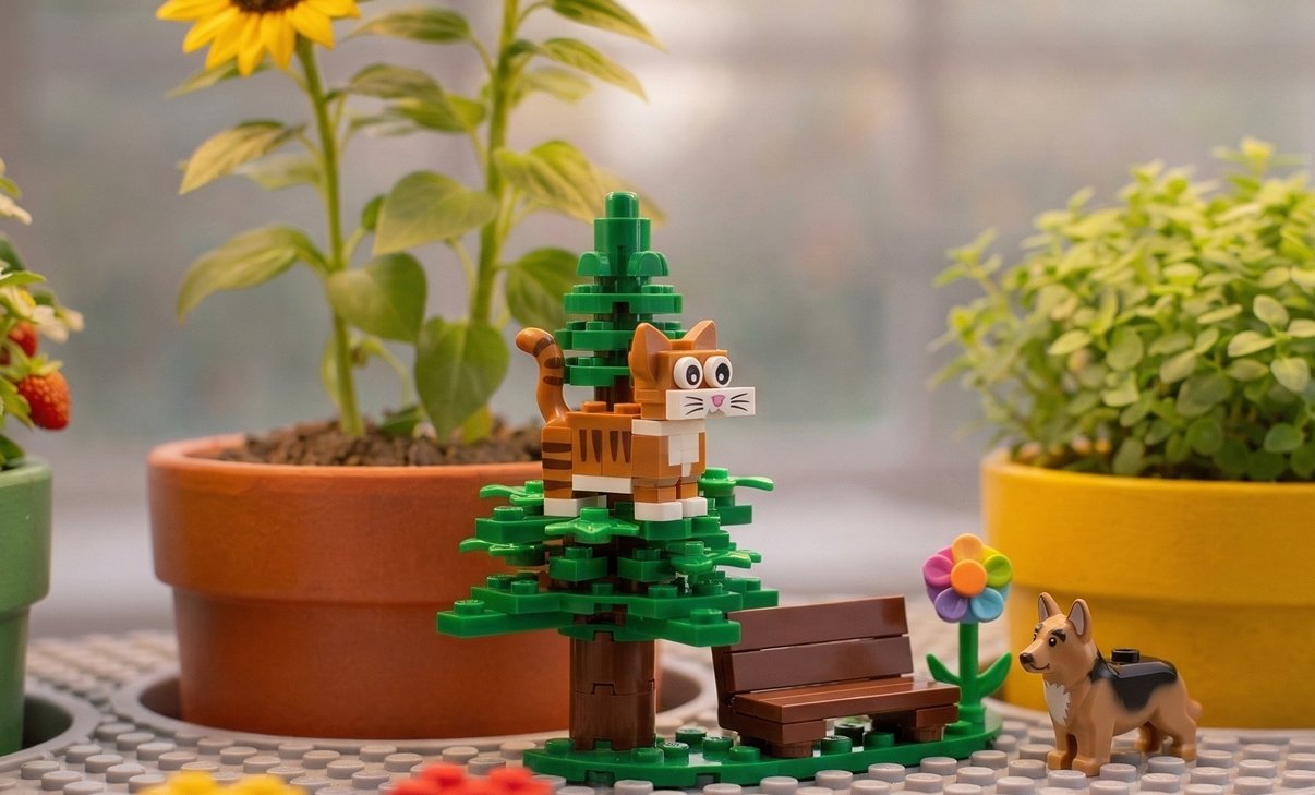 LEGO-compatible studs on the base with block-built tree and bench beside a strawberry plant.